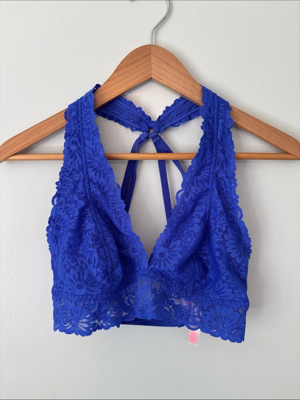 PINK Victoria's Secret Electric Blue Floral Lace Bralette Plunge V-Neck Sz Med